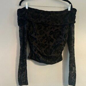 NWOT Wild Fable Off Shoulder Black Burnt Velvet Long Sleeve Floral Top